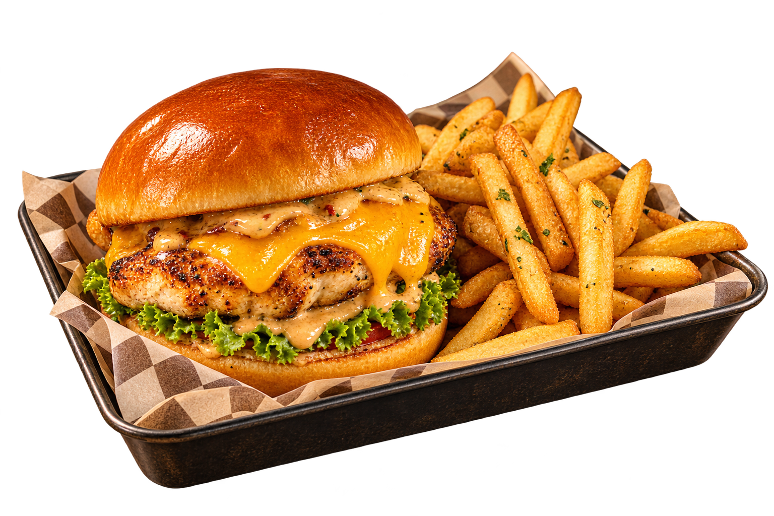 Grilled chicken burger with golden fries