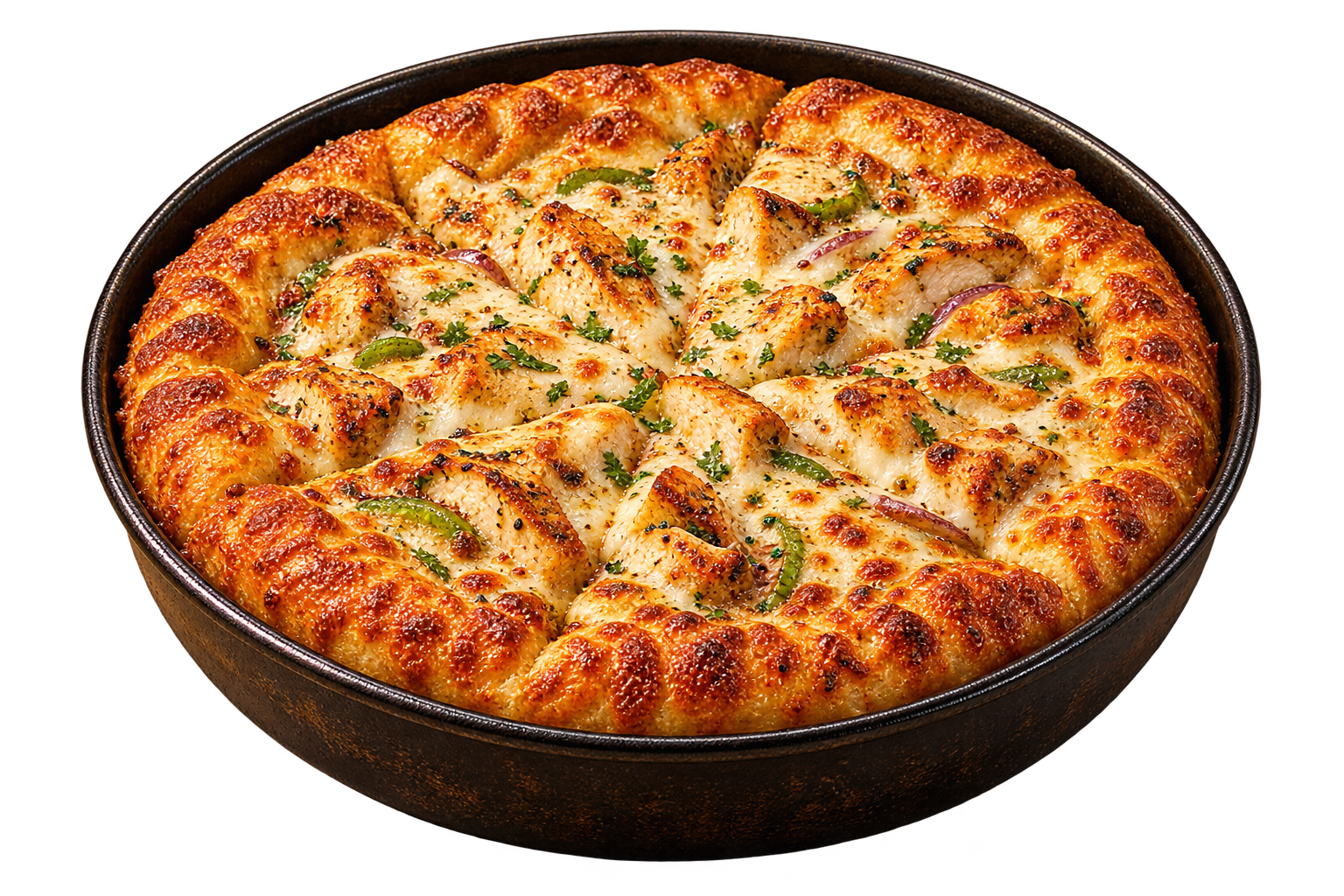 Deep pan chicken pizza with golden crust
